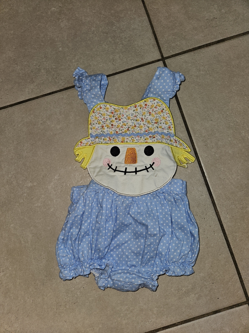 Blue Polka Dot Scarecrow Applique Romper with Floral Hat